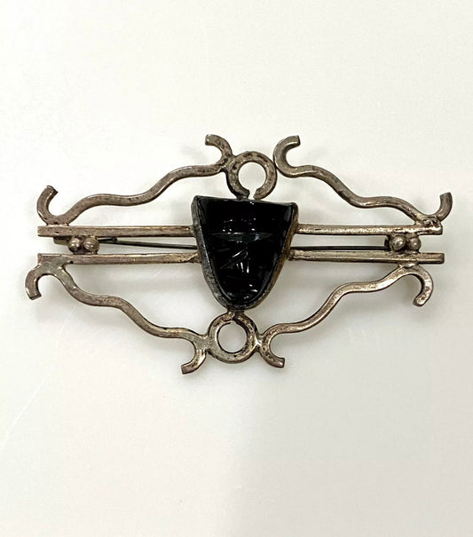 Vintage Onyx Sterling Silver Mexico Mask Pin